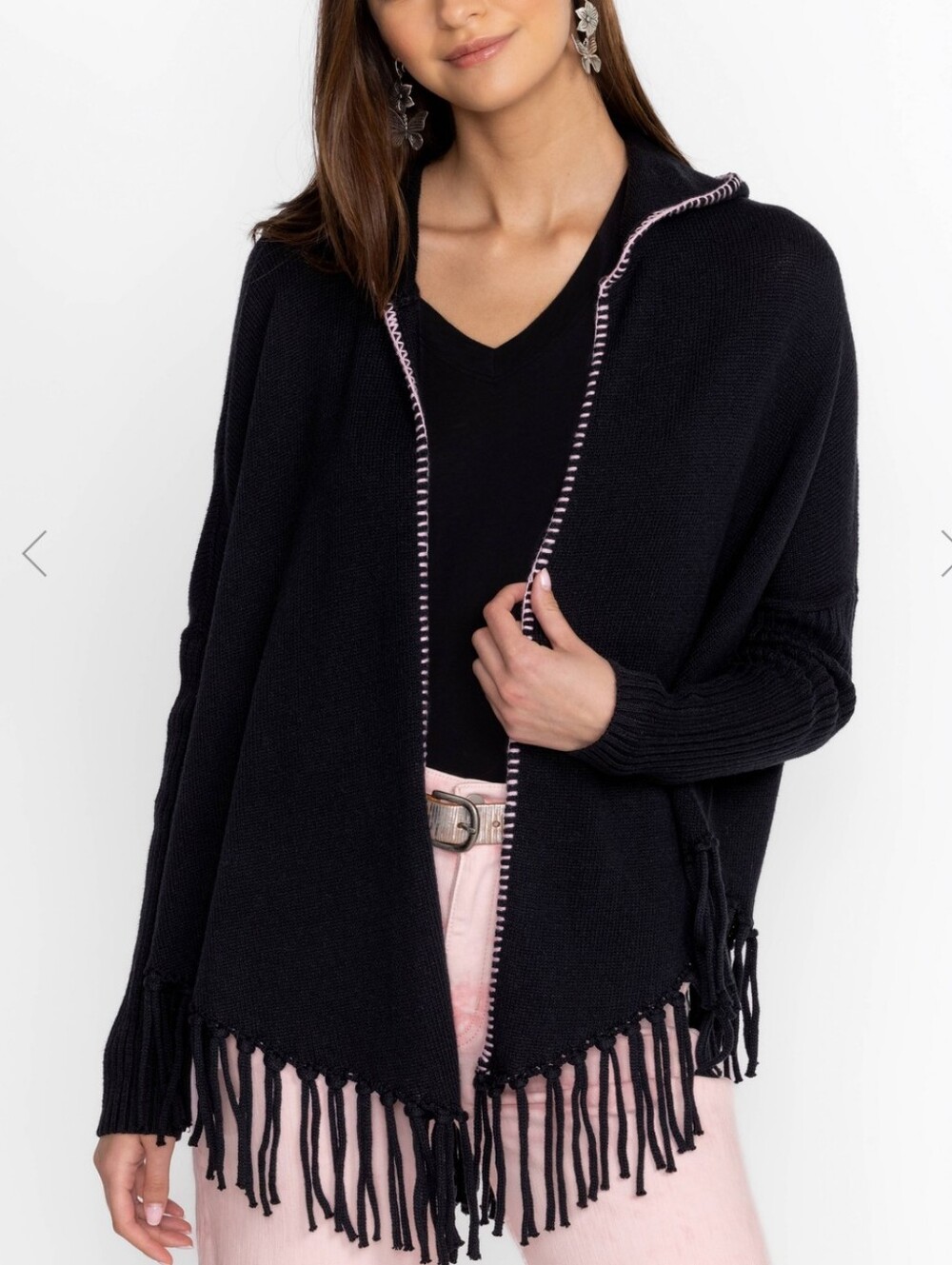 Johnny Was Black Hooded Fringe Cardigan with Pink Trim Stitching, NWOT, Size S